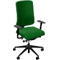 Un fauteuil de bureau vert sur fond blanc. Il a un dossier haut et des accoudoirs.