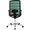 Vue arrière d'une chaise de bureau avec dossier en filet vert, cadre noir et pieds chromés. Roulettes noires.