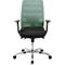 Chaise de bureau avec dossier en maille verte et assise noire. Elle a des accoudoirs, un cadre chromé et des roulettes.
