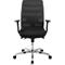Chaise de bureau noire avec dossier en mesh, accoudoirs réglables, base chromée et roulettes.