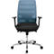 Chaise de bureau avec dossier en maille bleu, assise noire, accoudoirs et base chromée.