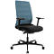 Une chaise de bureau ergonomique avec un dossier en maille bleue, une assise et des accoudoirs noirs. Elle repose sur un pied en croix noir avec roulettes.