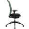 Vue latérale d'une chaise de bureau moderne avec assise noire et dossier en maille vert clair sur un piètement noir.