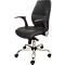 Chaise de bureau noire avec accoudoirs sur roulettes, cadre argenté.