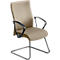 Chaise de bureau beige avec accoudoirs et cadre en métal. La chaise est autonome. Il y a une légère indentation sur le siège.