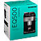 Een Siemens EQ500 Classic koffiemachine met een kopje koffie. De verpakking zegt "EQ500 classic".