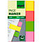 Cardboard with colorful sticky notes. Yellow, pink and green markers are applied to the book.