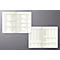 Plusieurs carnets ouverts avec des tableaux et du texte sur fond beige. Disposés sur fond gris.