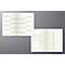 Double page de carnet beige clair avec calendriers et texte sur fond gris. La page ouverte affiche des aperçus annuels et des listes.