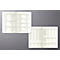 Brochures ouvertes avec des tableaux et du texte sur fond beige, sur fond gris.