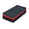Éponge rectangulaire noire avec surface grise, rayure rouge et bord noir.