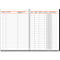 Open book with lined pages, orange headings. Detailed columns for data and notes. Black binding.