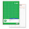 Green measurement book with white paper, next to an open sheet.