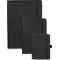 Three black notebooks of different sizes. With elastic bands and embossed logo.