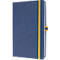 Blue notebook with yellow elastic band and clasp.