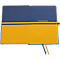 Notebook with blue and yellow color division, the word "linescape" and bookmarks.