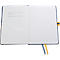 Open notebook with blue cover, white paper, and yellow/blue bookmarks. Left page with text, right page blank.