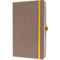Brown notebook with yellow elastic band and closure, in oblique view.