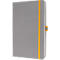 Grey notebook with yellow elastic band. On the right side an elastic band for closing the notebook.