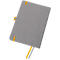 Grey notebook with yellow details. Yellow bookmarks, clasp.