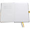 Open notebook with blank pages, grey cover, and yellow bookmarks. Text on the left page.