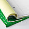 An open notebook with rolled-up pages. The green cover and light yellow pages stand out.