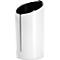 White cylindrical container with a slanted opening. Black interior, silver rim. Vertical black line on the side.
