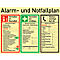 Emergency plan with a red fire extinguisher, green cross, and phone symbol, each with instructions for emergencies.
