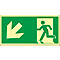 Green emergency exit sign. Arrow points down and left, figure running through door to the right.
