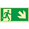 Green emergency exit sign showing a man running out of a door with an arrow pointing down and to the right.