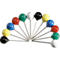 Colorful push pins arranged in a fan shape. Spherical heads in various colors, silver needles.