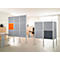 Grey office partitions, an orange panel, and a dark grey panel. In the background a window and an office.