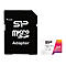 Schwarzer SD-Adapter und Micro-SD-Karte. Aufschrift: SP, Micro-SD, Adapter. Micro-SD: SP, 64 Elite.