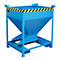 Blue container with yellow and black warning stripes. On metal frame, funnel-shaped.