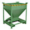 Green metal container with angled sides and yellow and black warning stripes on the edge.