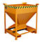 An orange material container with black and yellow warning stripes. It stands on a metal frame and has a conical shape.
