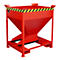 Red container with black and yellow warning stripe, conical shape, on metal frame.