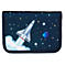 Trousse avec un motif spatial : une fusée s'élève dans le ciel nocturne parsemé d'étoiles et d'une planète.