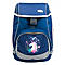 Cartable bleu foncé avec un motif de licorne blanche, des accents roses et des pois blancs.