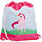 Sac de sport rose pour filles avec motif licorne, fond bleu et pois roses.