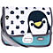 Cartable à motif pingouin, sur fond blanc avec des motifs d'animaux. Bas turquoise, bordure et bandoulière grises, fermoir argenté. Inscription : FUNKI.