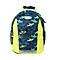 Sac à dos bleu et jaune avec motif de requins, poignée et fermeture éclair.
