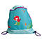 Sac à dos turquoise avec motif de sirène, cordon de serrage violet, détails: crabe, poissons, hippocampe, algues.