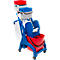 Blue and red cleaning cart with buckets, trash bag, and mop press.