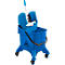 Blue mop and bucket set with wheels. Includes a mop press. Black handle. Warning sign.