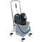 Gray cleaning cart with bucket, press, rollers and a blue handle.