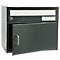 Dark grey mailbox, door open. Top slot with white label. Bottom door with handle.
