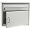 Grey mailbox with open door. Slot at the top, door below with handle. Key in lock.