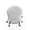 White, spherical stool with silver legs. It has a cover with a mesh structure.