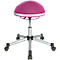 Pink office chair with fabric cover, white trim, and silver frame with wheels.